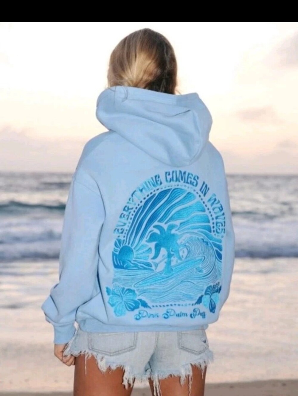 Pink Palm Puff Everything Comes in Waves Hoodie in Blue